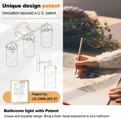 3-Light Indoi Bathroom Light Fixtures, Brass Vanity Light, Black Bathroom Lights Over Mirror with Clear Glass Shade