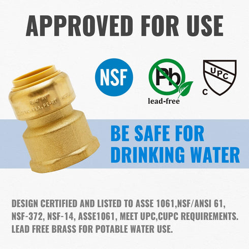 SUNGATOR 3/4 Inch x 1 Inch FNPT Adapter, No Lead Brass Push-to-Connect Female Plumbing Fittings