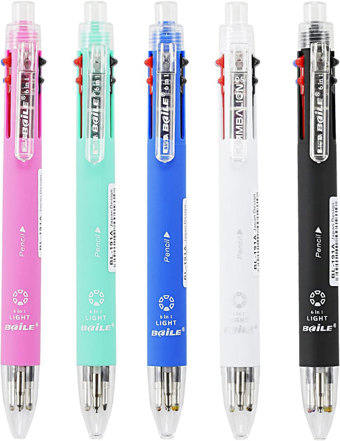 Baile 6 in 1 Multifunctional Ballpoint Pens Pack of 5 - 0.7 mm Ballpoint Pen & 0.5 mm Mechanical Pencil