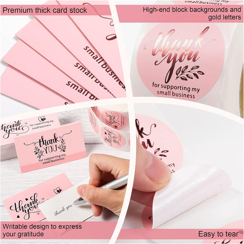 Outus 600 Set Package Pieces Thank You for Supporting My Small Business Cards and Stickers - Pink Gold Foil Thank You
