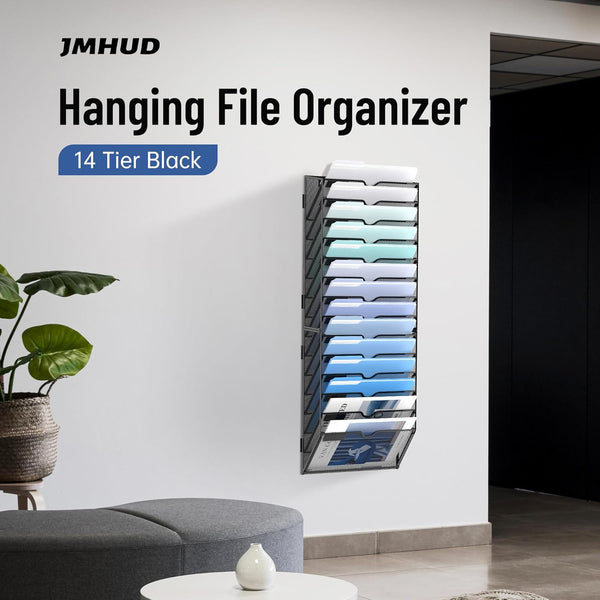 Wall File Organizer, 14 Tier Hanging File Holder, Black Wall Mounted Mail Organizer for Office and Home
