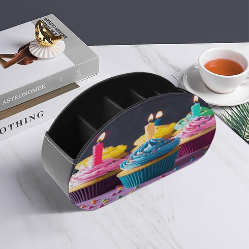 GHENBLT 5 Remote Control Holder, Leather TV Colorful Birthday Cupcakes Remote Caddy Organizer, Desktop Organizer