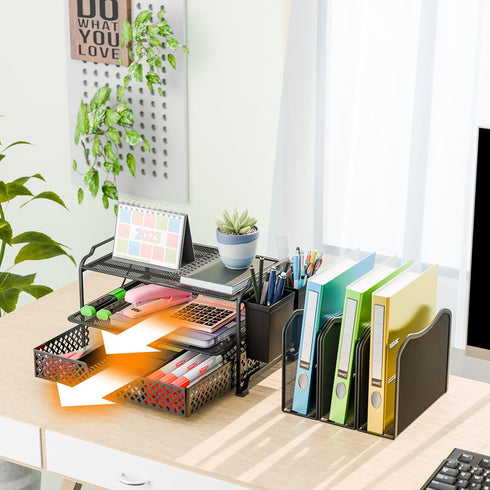 Simple Trending Black Desk File Organizer with Sliding Drawer, Metal Mesh Double Tray & 5 Upright Section Sorter