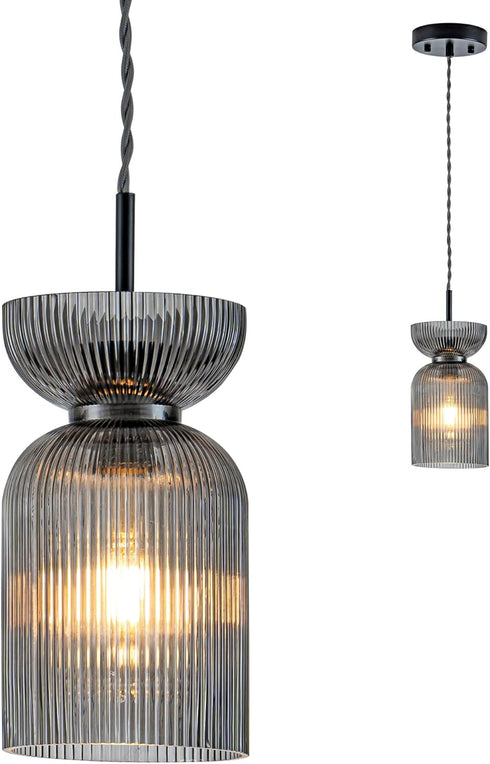 Gmrhndy Glass Pendant Light, Ribbed Smoke Gray Glass Hanging Light with Adjustable Cord,