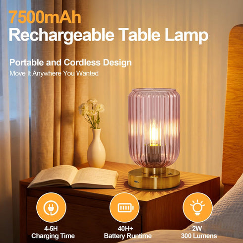 Dimmable Bulb LigthRound Touch Table Lamp for Bedroom, Cordless Bedside Small Table Lamp, Rechargeable Battery Operated
