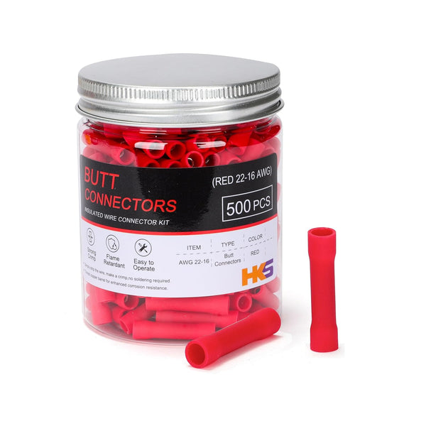 HKS 200 PCS Vinyl Insulated Butt Connector, Red 22-16 AWG, Tinned Red Copper Electrical Connectors