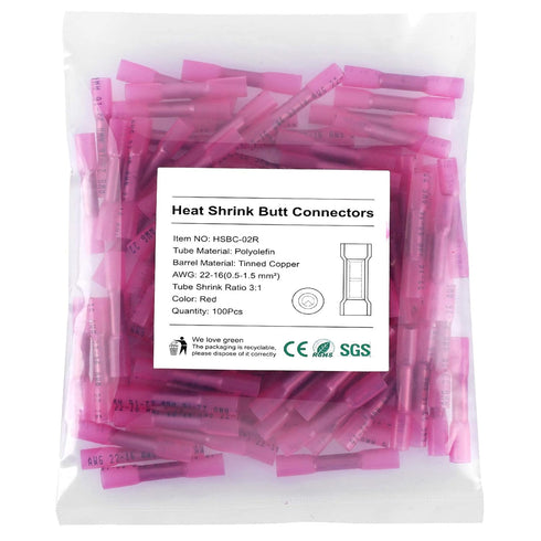 Heat Shrink Butt Connectors 200Pcs 22-16 AWG Red Insulated Waterproof Electrical Wire Connectors for Automotive