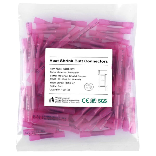 Heat Shrink Butt Connectors 200Pcs 22-16 AWG Red Insulated Waterproof Electrical Wire Connectors for Automotive