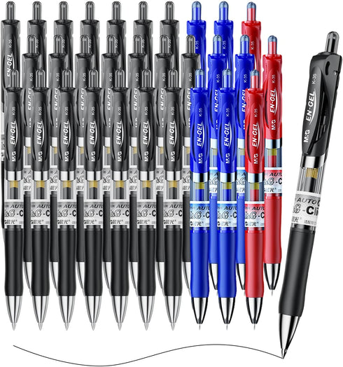 M&G Gel Pens 0.5mm Black Medium Point, 30 PCS Retractable Gel Ink Pens with Premium Ink & Comfort Grip (6 Blue + 3 Red)
