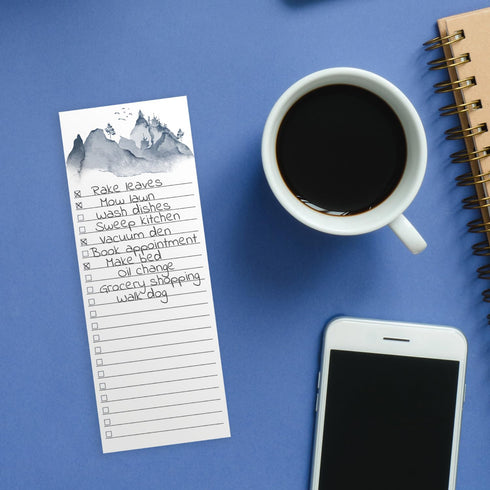 Watercolor Mountain Range Sticky Note Assortment, Set of 3 Blue Landscape Note Pads, 3" x 8" Daily Task Trackers