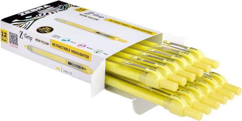 Zebra Pen Z-Grip Retractable Highlighter Marker Set, Chisel Tip, Neon Yellow, 12-Pack