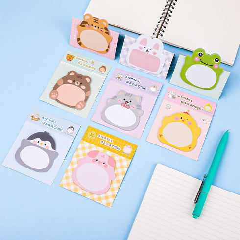 Cute Animal Sticky Notes | 8 Pack Kawaii Self-Stick Notes | Cartoon Markers Flags | 160 Sheets