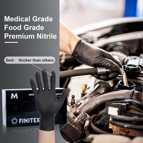 FINITEX Black Nitrile Disposable Gloves, 5mil, Powder-free, Latex-Free, 100 PCS for Medical Exam, Home Cleaning