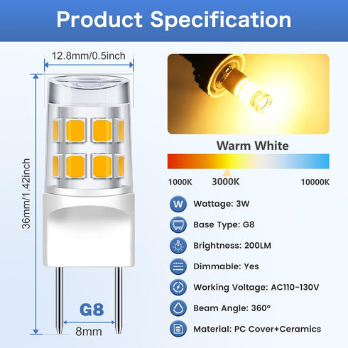 G8 Bulb Dimmable, 20-25W 3000K, Bulb, 120V 3W T4 Bulb Counter 2-Pack Led Halogen Equivalent, Warm White Under Microwave