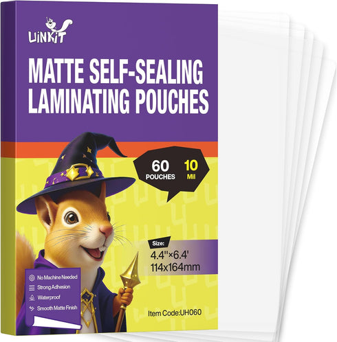 Uinkit 60-Pack 4x6 Self Seal Laminating Pouches, 10Mil Thick Matte Finish Double-Sided