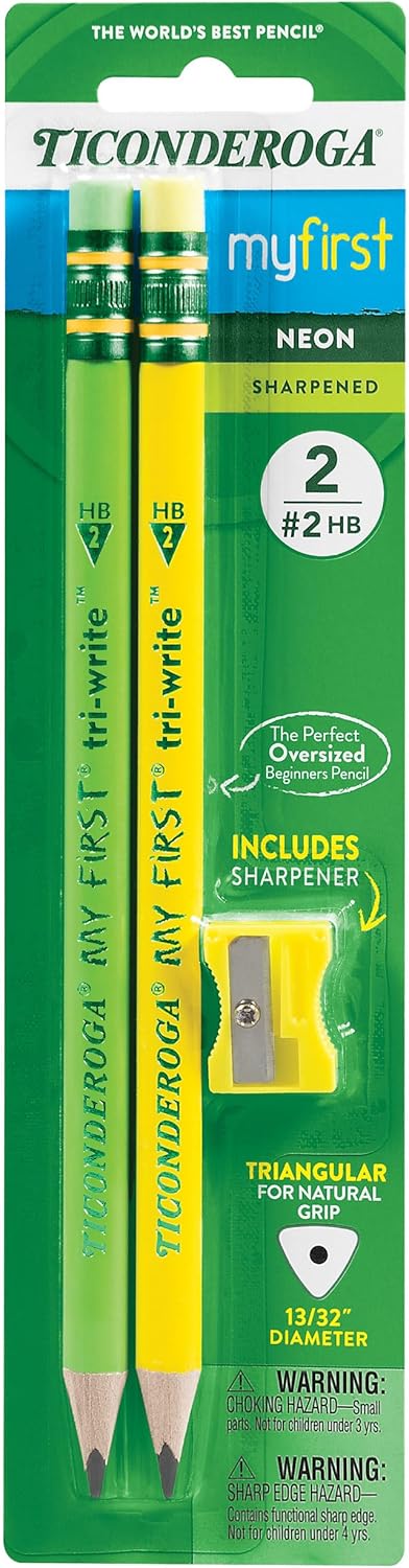 Ticonderoga My First Tri-Write Wood-Cased Pencils - Pre-Sharpened, 2 HB with Erasers, Neon Colors, 2 Count, 6 Packs