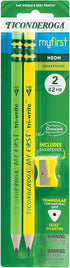 Ticonderoga My First Tri-Write Wood-Cased Pencils - Pre-Sharpened, 2 HB with Erasers, Neon Colors, 2 Count, 6 Packs