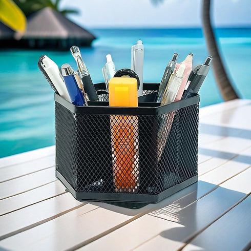 SETTFRFE Hexagon 360° Rotating Pen Organizer for Desk, 6 Compartments Mesh Pen Caddy, Black