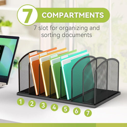 Desk File Organizer, 7 Sections Upright Mesh File Sorter for Office Organization, Home & Classroom - Black, 1 Pack