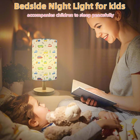 HAKSEIFA 3 Car Kids Table Lamp for Bedroom Boys Bedside Lamps Colors Wooden Nightstand Night Light with Cartoon Linen