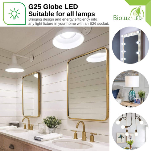 6 Pack Bioluz Dimmable LED G25 Light Bulb, 40W Replacement (6W), Warm White (2700K), 450 Lumens, UL Listed