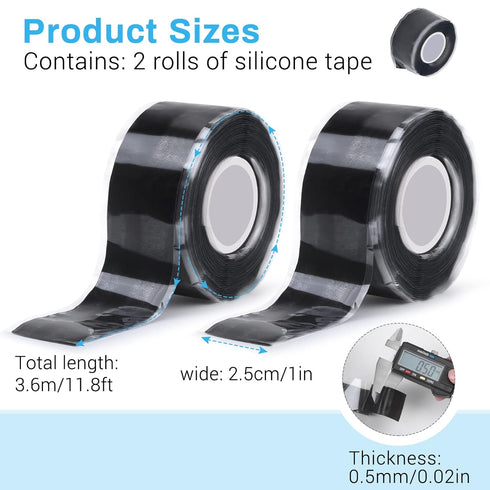 Black Self Fusing Silicone Tape, 2 PCS 1" X 11.8 Ft for Pipe Hose Repair, Waterproof Silicone Grip Thick Tape