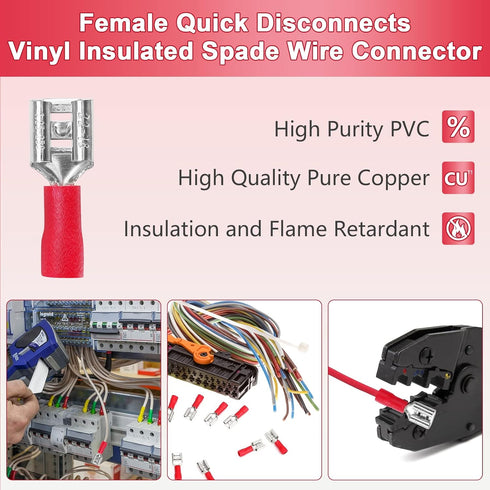 200 Pcs Red Female Quick Disconnects, Vinyl Insulated Spade Wire Connectors, 22-16 AWG