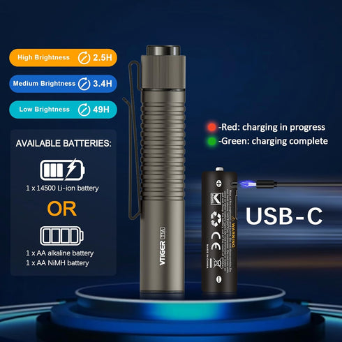 T1A Clip,1300 VTIGER Mini Pocket EDC Flashlight with Lumen Compact AA Rechargeable LED Little Flashlights, Super Bright