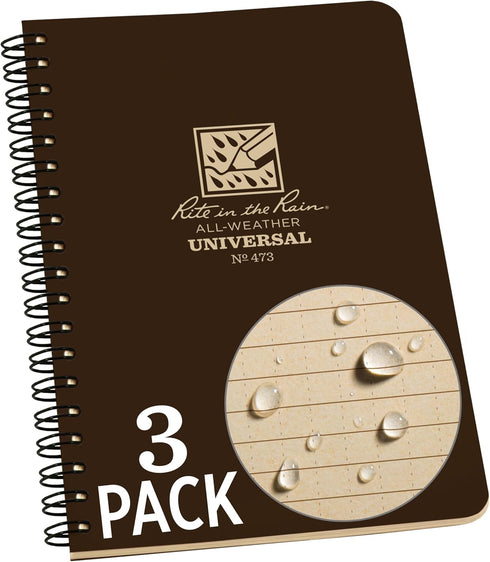 Rite in the Rain Weatherproof Side Spiral Notebook, 4.625" x 7", Brown Cover, Universal Pattern, 3 Pack