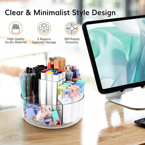 Rotating Pencil Holder for Desk, 5 Slots 360-Degree Spinning Acrylic Organizer for Office, Home, School