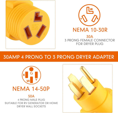 4 Prong to 3 Prong Dryer Adapter Compatible with NEMA 14-50P to 10-30R, 50Amp RV 14-50P Male to Dryer 10-30R Female Adapter Generator Dryer Welder Clothes Dryer Power Cord Adapter Connector