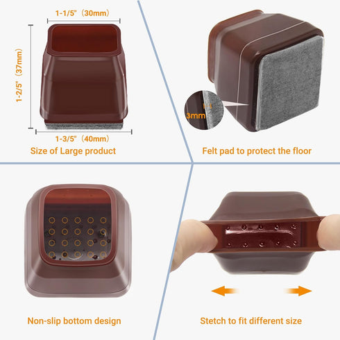 36Pcs Brown Square Chair Leg Floor Protectors, High Elastic Felt Furniture Pads for Hardwood Floors, Silicone Floor