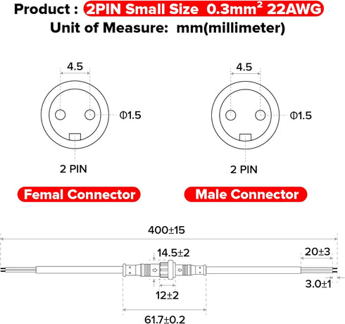 BTF-LIGHTING 2 Pin Electrical Connector - 22AWG IP65 Male Female Extension Cable for LED Strip Lights