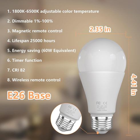 MXhme Bulbs 800LM 9W (60W Bulb,Dim,1800K-6500K,E26,2.4G,Warm Bulb Decor,2Bulb&1Remote Amber Sleep Light with Remote