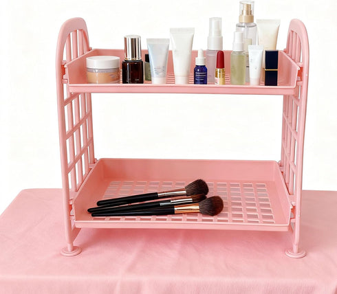Glomora 2 Layer Desktop Shelf, Foldable Double Stacking Storage Rack with Side Guardrail, Cosmetic Stationery Organizer