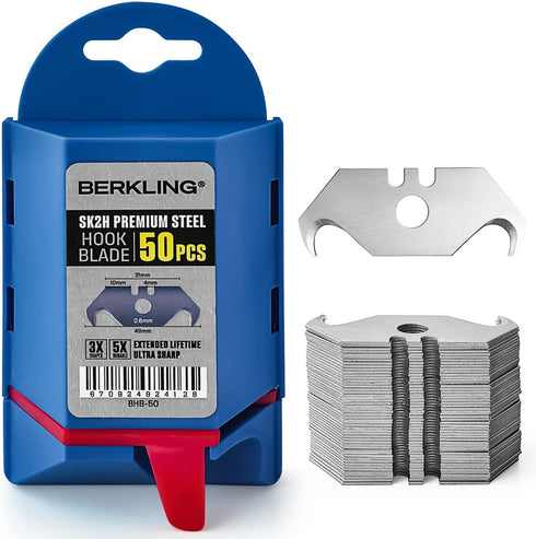 Utility Hook Razor Blades - 50-Pack with Dispenser, SK2H Laser Sharpened, Heavy Duty Replacement Blades