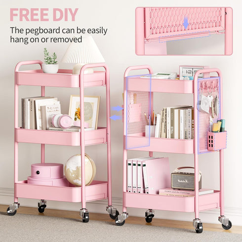 TOOLF Rolling Carts with Wheels, 3 Tier Metal Storage Organizer for Bathroom Kitchen, Pink Utility Cart
