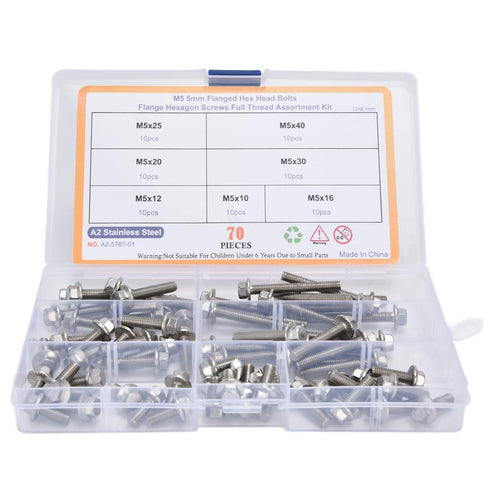 Flanged Hex Head Bolts Assortment Kit, 70 Pcs M5 Flange Hexagon Screws, Stainless Steel Hardware Accessory
