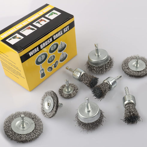 9 Pcs Wire Brush Wheel for Drill, 0.012 Coarse Carbon Steel Crimping Wire Brush for Rust Removal