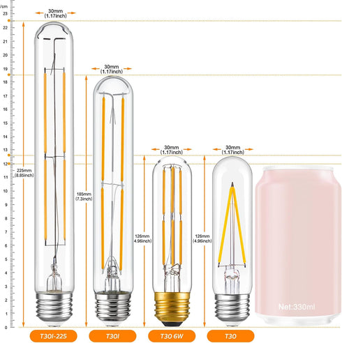 6W Dimmable T10 5inch Bulb E26 Bulb 60 Bulb AC120V 2700K 600LM 4Pack LED Light Equal watt Long Led Light Warm White