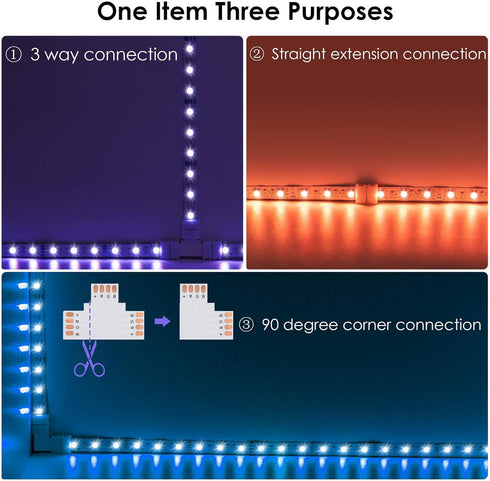 4 Pin LED Strip Connectors, Solderless Gapless Connector, 8mm Wide RGB L Splitter for 3528 2835 Multicolor LED Strip