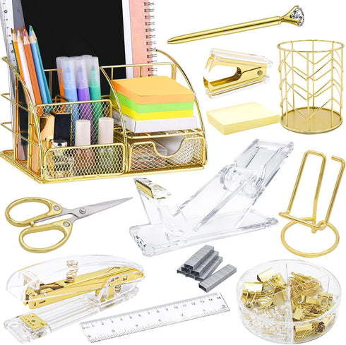 Gold Desk Organizers and Accessories, 13PS Set with Acrylic Stapler, Tape Dispenser, Pen Holder, Office Supplies