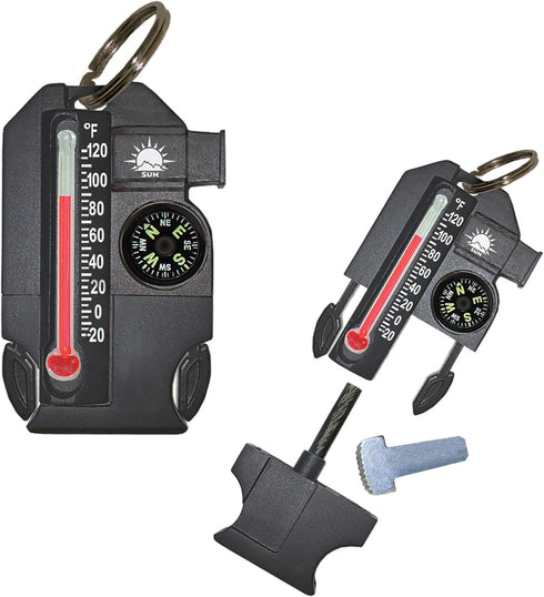 Sun Company Outsider - 4-in-1 Survival Multi-Tool, Compass, Thermometer, Whistle, Fire Starter in Compact Zipper Pull