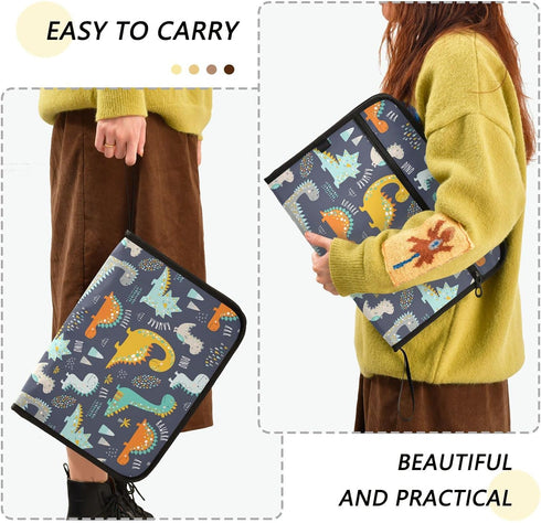 Cute Dinosaur Expanding File Folder with Sticky Labels, 13 Pocket Dark Blue Kids Accordion File Folder Document