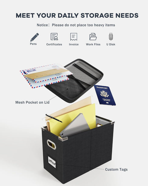 Oterri File Organizer Box with Lid, Hanging Document Organizer with Mesh Pocket for Letter Files, 2 PCS Black Storage