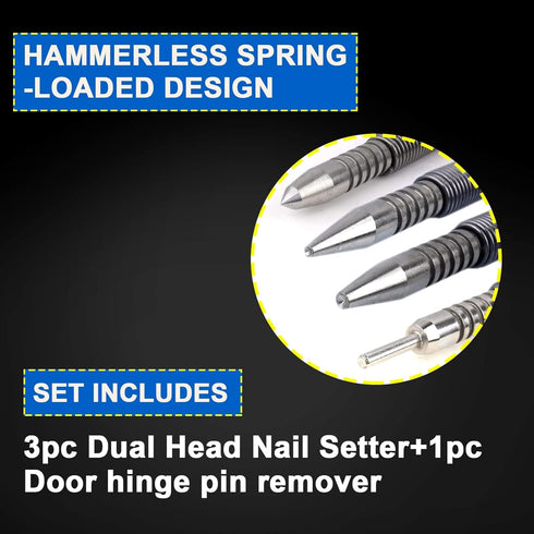 Spring Nail Set, 4pcs Dual Head Nail Setter and Hammerless Door Hinge Pin Removal Tool