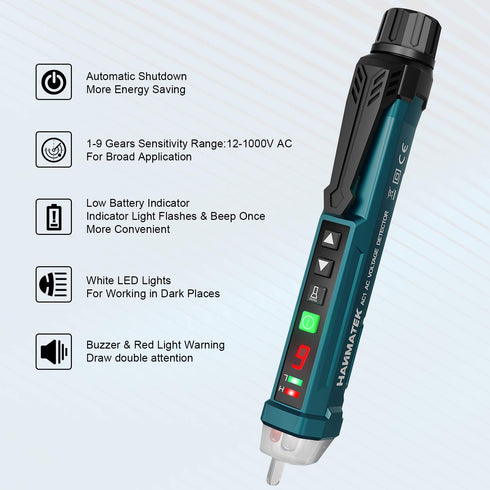 Non-Contact Voltage Tester with 9 gear Adjustable Sensitivity Voltage Detector Pen AC Circuit Tester Tool LCD Display LED Flashlight Buzzer Alarm Range12V-1000V & Live/Null Wire Judgment AC1