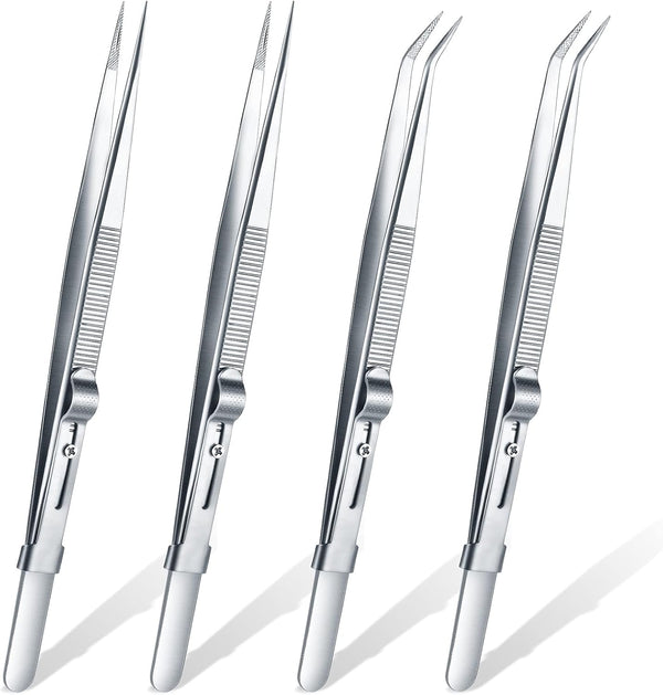 4 Pieces Precision Soldering Tweezer ESD Tool Set, Include Fine Point Tip and Locking Curved Tip