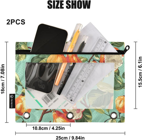 panksolu 3 2PCS Binder Pencil Pouch for Ring Cashew Fruits Pencil Pouch with Zipper Clear Window Pencil Case Pencil