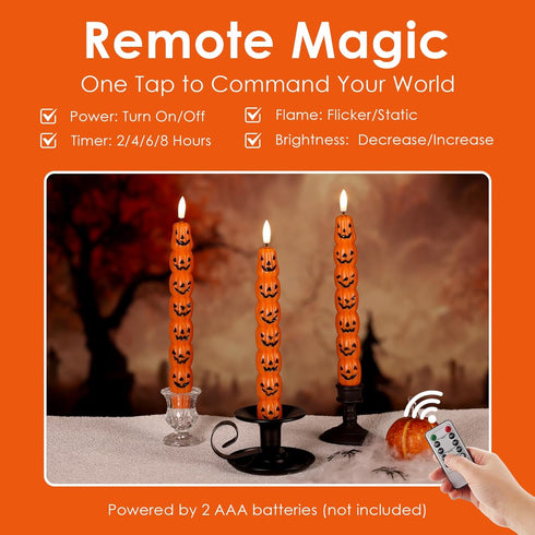 Set 4 Orange Pumpkin Halloween Flameless Taper Candles with Remote, Flickering Spooky LED Wax Candlesticks Battery